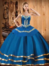 Elegant Floor Length Lace Up Ball Gown Prom Dress Blue for Military Ball and Sweet 16 and Quinceanera with Embroidery