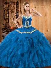  Blue Ball Gowns Satin and Organza Sweetheart Sleeveless Embroidery and Ruffles Floor Length Lace Up 15th Birthday Dress