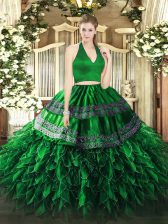 Pretty Dark Green Sleeveless Appliques and Ruffles Floor Length Quince Ball Gowns