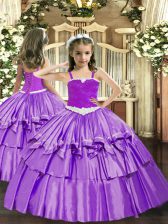  Lavender Organza Lace Up Straps Sleeveless Floor Length Winning Pageant Gowns Appliques and Ruffled Layers