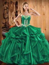 Sophisticated Sleeveless Floor Length Embroidery and Ruffles Lace Up Quinceanera Dress with Turquoise