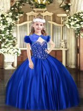  Floor Length Royal Blue Winning Pageant Gowns Satin Sleeveless Beading
