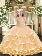  Peach Ball Gowns Straps Sleeveless Organza Floor Length Lace Up Beading and Ruffled Layers Kids Formal Wear