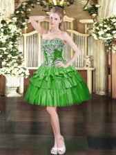  Sweetheart Sleeveless Prom Gown Mini Length Beading and Ruffled Layers Green Organza