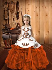  Floor Length Zipper Little Girl Pageant Dress Rust Red for Sweet 16 and Quinceanera with Embroidery