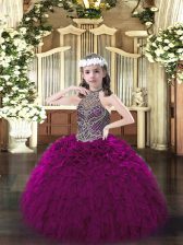  Halter Top Sleeveless Lace Up Pageant Dress Fuchsia Organza