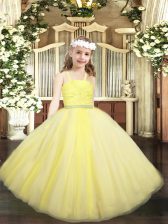Great Floor Length Yellow Child Pageant Dress Tulle Sleeveless Beading and Lace