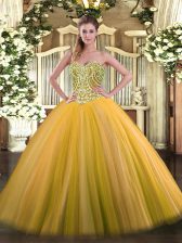  Gold Sweetheart Lace Up Beading Quince Ball Gowns Sleeveless