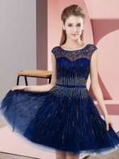  Tulle Scoop Sleeveless Backless Beading Dress for Prom in Royal Blue
