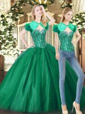 Latest Floor Length Lace Up Sweet 16 Dress Green for Military Ball and Sweet 16 and Quinceanera with Beading