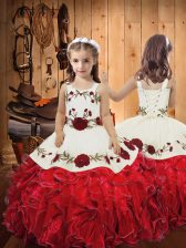  Red Straps Neckline Embroidery and Ruffles Kids Pageant Dress Sleeveless Lace Up