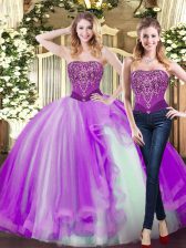  Eggplant Purple Ball Gowns Beading and Ruffles Sweet 16 Dress Lace Up Tulle Sleeveless Floor Length