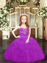 Classical Fuchsia and Purple Organza Lace Up Spaghetti Straps Sleeveless Floor Length Little Girls Pageant Gowns Beading and Ruffles and Pick Ups