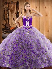 Custom Designed Multi-color Sleeveless Satin and Fabric With Rolling Flowers Sweep Train Lace Up Ball Gown Prom Dress for Military Ball and Sweet 16 and Quinceanera