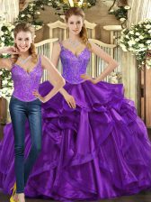 Fantastic Purple Organza Lace Up Straps Sleeveless Floor Length 15th Birthday Dress Beading and Ruffles