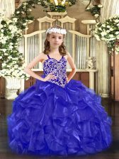  Blue Ball Gowns Straps Sleeveless Organza Floor Length Lace Up Beading and Ruffles Little Girls Pageant Dress