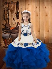 Latest Blue Ball Gowns Embroidery and Ruffles Kids Pageant Dress Lace Up Tulle Sleeveless Floor Length