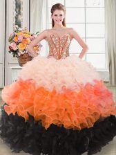  Multi-color Ball Gowns Beading and Ruffles Quince Ball Gowns Lace Up Organza Sleeveless Floor Length