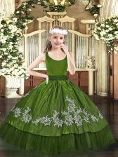 Olive Green Ball Gowns Taffeta Scoop Sleeveless Beading and Appliques Floor Length Zipper Little Girl Pageant Gowns