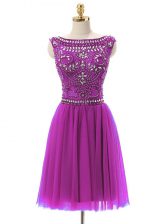  Fuchsia Tulle Zipper Prom Evening Gown Sleeveless Mini Length Beading
