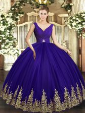 Ideal V-neck Sleeveless Quinceanera Dresses Floor Length Beading and Appliques Purple Tulle
