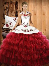 Sophisticated Wine Red Organza Lace Up Halter Top Sleeveless Floor Length Quinceanera Dresses Embroidery and Ruffled Layers