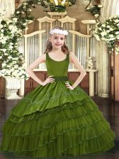  Olive Green Sleeveless Beading and Embroidery and Ruffled Layers Floor Length Pageant Dress Wholesale