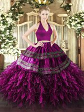 Beautiful Fuchsia Sleeveless Floor Length Appliques and Ruffles Zipper Quinceanera Dresses