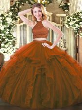  Brown Halter Top Neckline Beading and Ruffles Quince Ball Gowns Sleeveless Backless