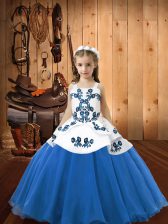  Blue Sleeveless Floor Length Embroidery Lace Up Little Girls Pageant Dress Wholesale