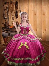  Hot Pink Off The Shoulder Lace Up Beading and Embroidery Little Girl Pageant Dress Sleeveless
