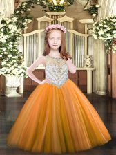 Glorious Orange Tulle Zipper Little Girls Pageant Dress Sleeveless Floor Length Beading