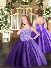  Purple Tulle Lace Up Spaghetti Straps Sleeveless Floor Length Girls Pageant Dresses Appliques