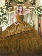 Fashion Sleeveless Organza and Taffeta Floor Length Zipper Quinceanera Dresses in Brown with Embroidery and Ruffled Layers