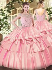 Elegant Rose Pink Zipper Bateau Beading and Ruffled Layers Sweet 16 Quinceanera Dress Tulle Sleeveless