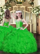 Charming Green Organza Lace Up Pageant Dresses Sleeveless Floor Length Beading and Ruffles