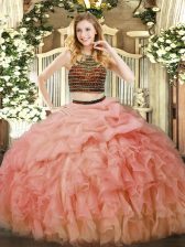 Popular Floor Length Baby Pink 15 Quinceanera Dress Organza Sleeveless Beading and Ruffles