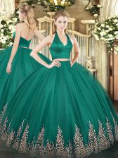 Ideal Floor Length Dark Green Sweet 16 Dress Halter Top Sleeveless Zipper