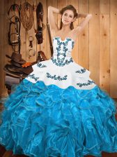  Teal Satin and Organza Lace Up Quinceanera Dress Sleeveless Floor Length Embroidery and Ruffles
