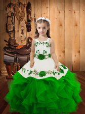 Elegant Green Lace Up Pageant Gowns Embroidery and Ruffles Sleeveless Floor Length