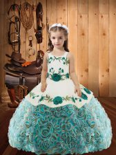  Straps Sleeveless Fabric With Rolling Flowers Kids Pageant Dress Embroidery and Ruffles Lace Up
