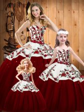  Wine Red Tulle Lace Up Sweetheart Sleeveless Floor Length 15 Quinceanera Dress Embroidery