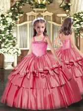  Organza Straps Sleeveless Lace Up Appliques and Ruffled Layers Custom Made Pageant Dress in Coral Red