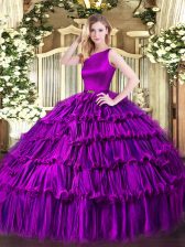 Deluxe Scoop Sleeveless Clasp Handle Sweet 16 Dress Eggplant Purple Organza