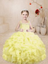 Graceful Light Yellow Little Girls Pageant Gowns Sweet 16 and Quinceanera with Beading and Ruffles Straps Sleeveless Lace Up