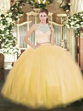  Gold Vestidos de Quinceanera Military Ball and Sweet 16 and Quinceanera with Lace Scoop Sleeveless Zipper