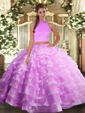Best Lilac Halter Top Neckline Beading and Ruffled Layers 15 Quinceanera Dress Sleeveless Backless