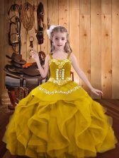  Floor Length Gold Little Girls Pageant Dress Wholesale Organza Sleeveless Embroidery and Ruffles