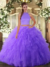 New Arrival Lavender Two Pieces Halter Top Sleeveless Tulle Floor Length Backless Beading and Ruffles Vestidos de Quinceanera