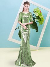 Trendy Mermaid Sequined Scoop Half Sleeves Sequins Floor Length Zipper Prom Dresses